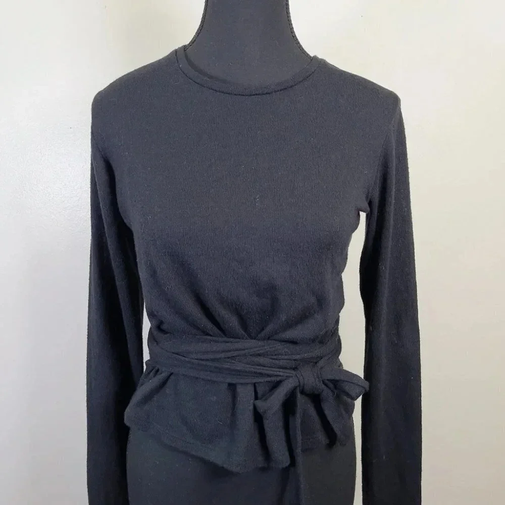 Zara Soft Ribbed Tie Waist Crew Neck Sweater